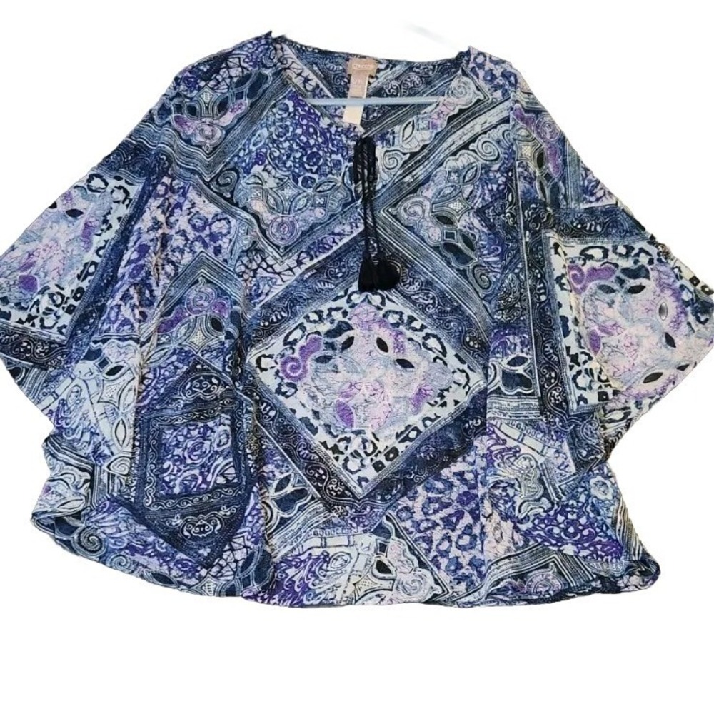 Chico's Kimono Top Poncho Blue Sheer Abstract Cover Up Kaftan Blouse One Sz L XL
